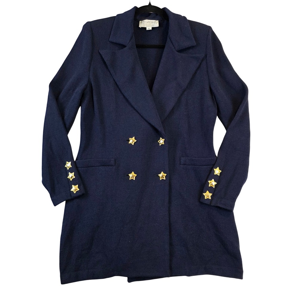 St. John Collection Santana Knit Navy Star Button Long Blazer Jacket Size 10
